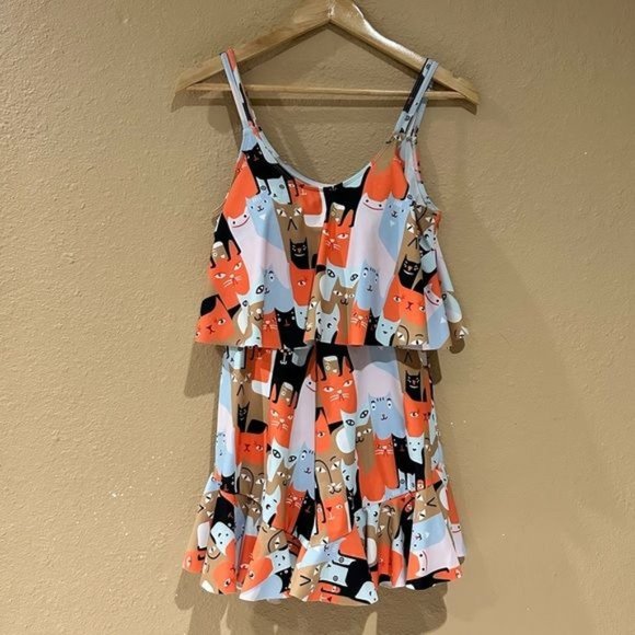 Cat Print Mod Romper Sleeveless Ruffle Padded Bra Pin Up Women’s Medium - Picture 2 of 14